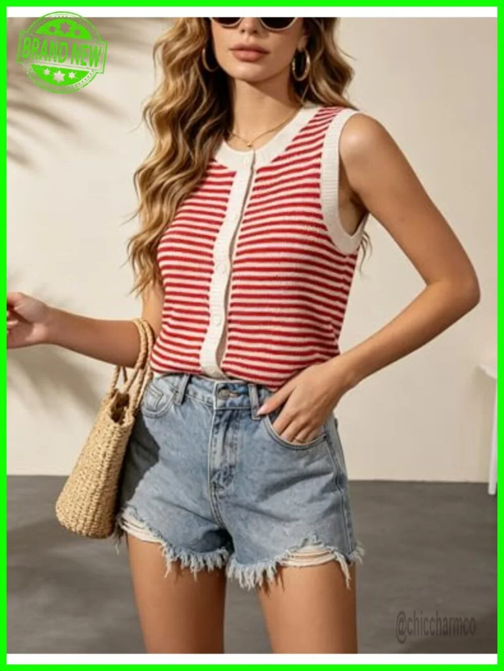 100% Cotton Sleeveless Striped Knit Sweater Vest Button Down Tunic Top